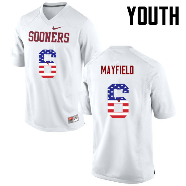 Youth Oklahoma Sooners #6 Baker Mayfield College Football USA Flag Fashion Jerseys-White - Click Image to Close